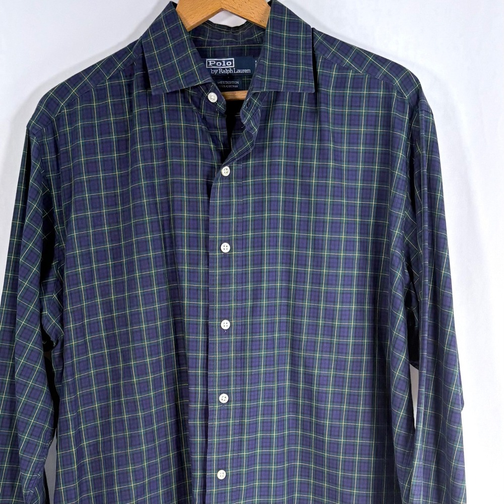 Polo Ralph Lauren Button Down Shirt Blue Green Plaid Westerton Cotton Mens L